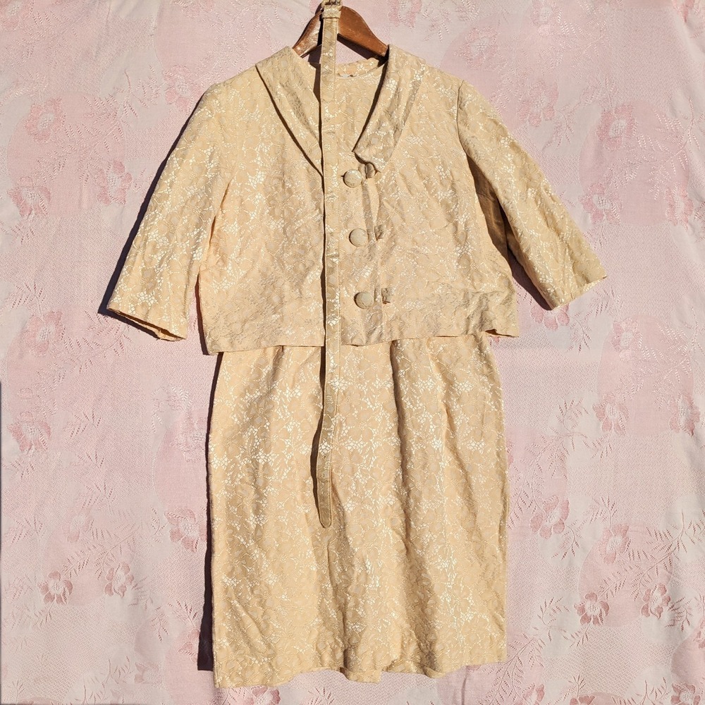 Vintage 50s 60s Brocade Dress Set Womens M Yellow Sleeveless Wiggle Crop Jacket